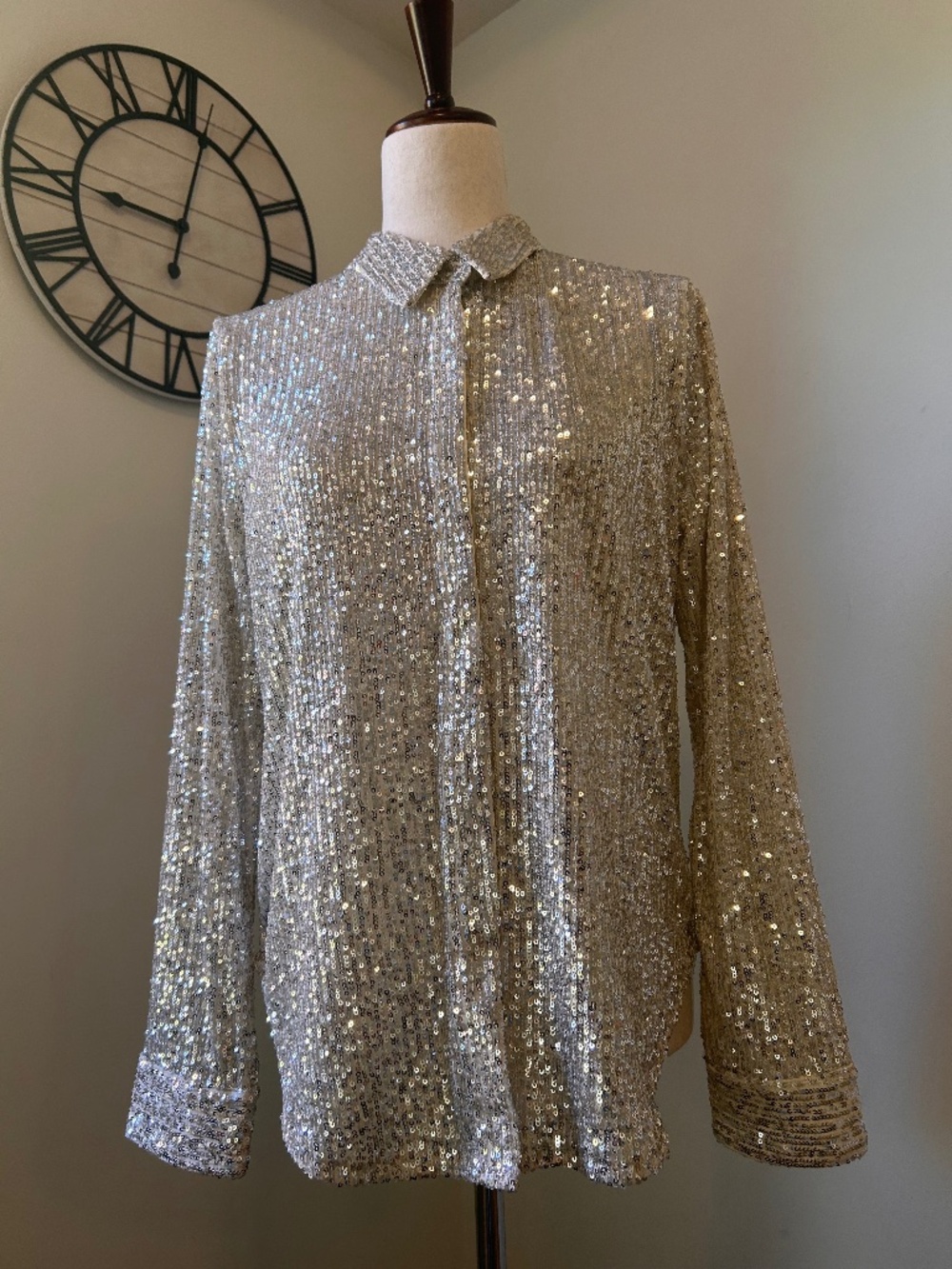 Halogen Silver Sequin Button Up Shirt Holiday Party Blouse M NWOT